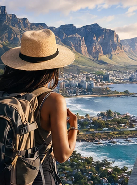 Illustrative traveller overlooking a scenic African coastline